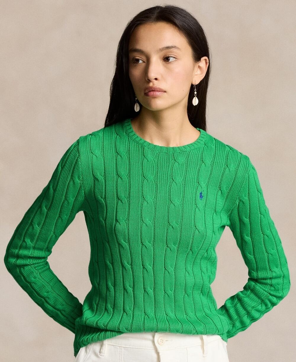 Polo Ralph Lauren Women's Cable-Knit Cotton Crewneck Sweater Green Size L 3677